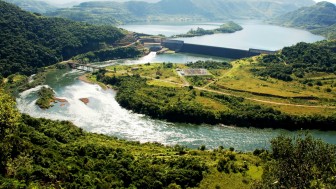 Vista a&eacute;rea do rio Jacu&iacute; e barragem da usina Hidrel&eacute;trica Dona Francisca, na divisa dos munic&iacute;pios de Agudo e Nova Palma, Rio Grande do Sul