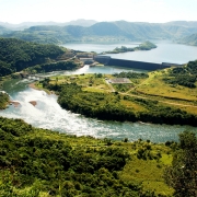 Vista a&eacute;rea do rio Jacu&iacute; e barragem da usina Hidrel&eacute;trica Dona Francisca, na divisa dos munic&iacute;pios de Agudo e Nova Palma, Rio Grande do Sul